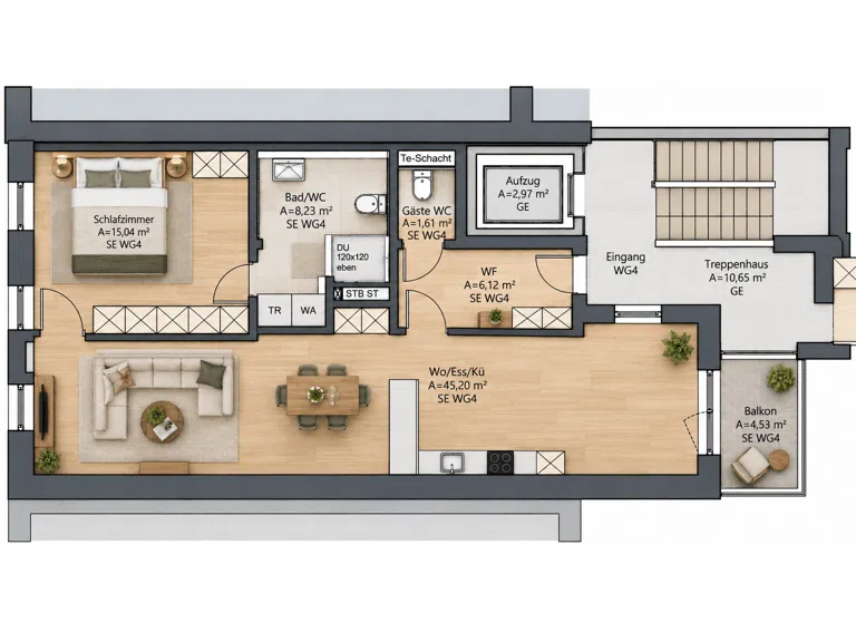 Wohnungsgrundriss mit Balkon und Innenausstattung