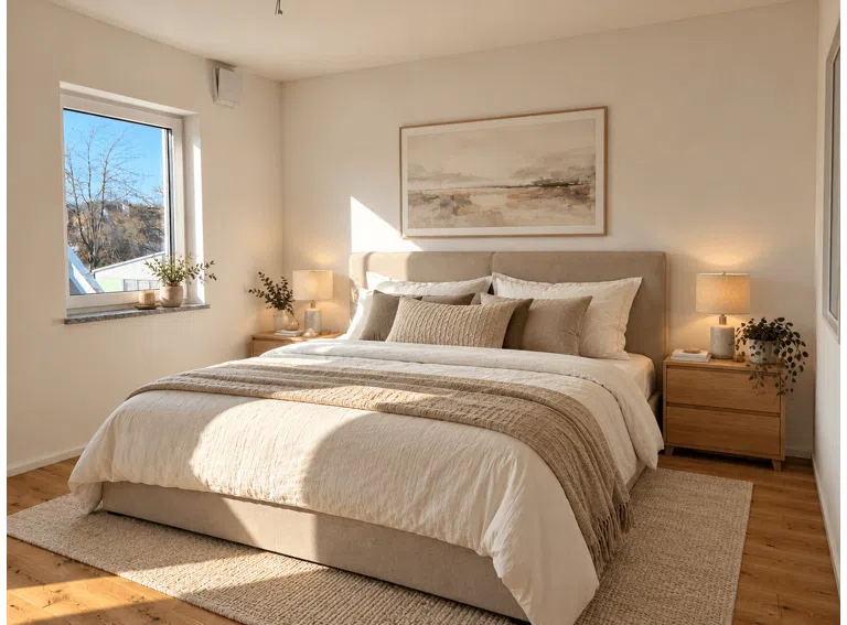 Helles minimalistisches Schlafzimmer mit Tageslicht