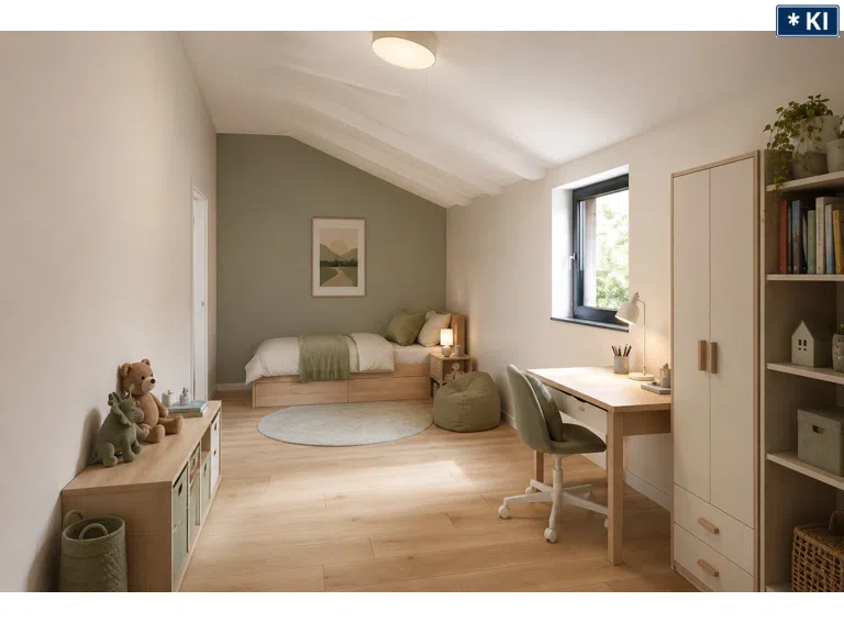 DG Kinderzimmer mögliche Visualisierung KI-Visualisierung – unverbindliches Gestaltungsbeispiel. Ausstattung, Raumwirkung und tatsächliche Ausführung können abweichen.