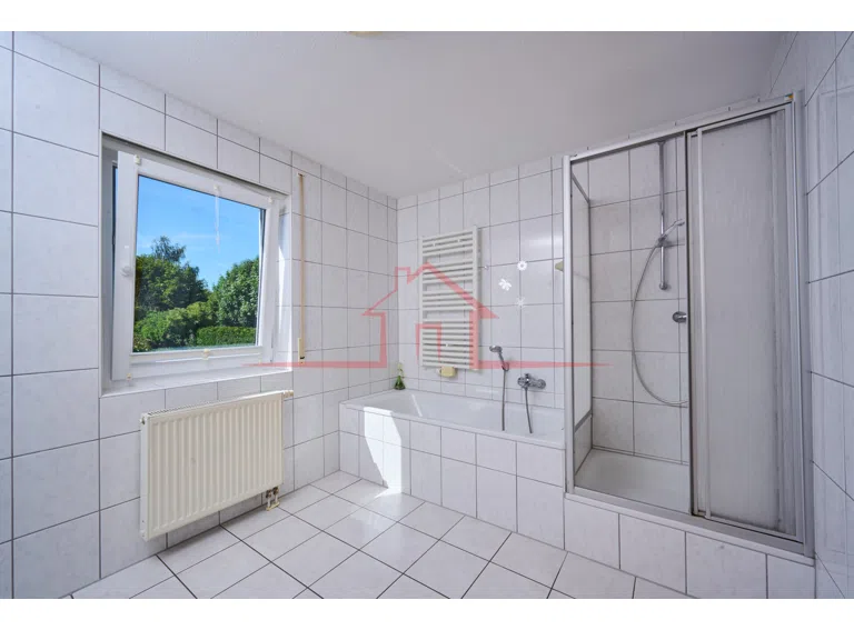 Blick in das helle Tageslichtbad mit Dusche und Badewanne