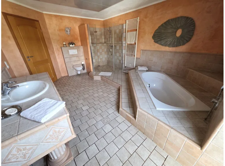 Badezimmer mit Dusche und Eckbadewanne